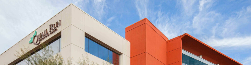 An orange and white building.