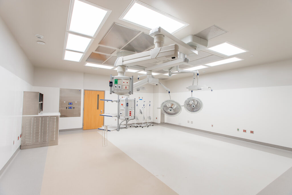 A Valleywise Comprehensive Health Center with a ceiling light in the medical room.