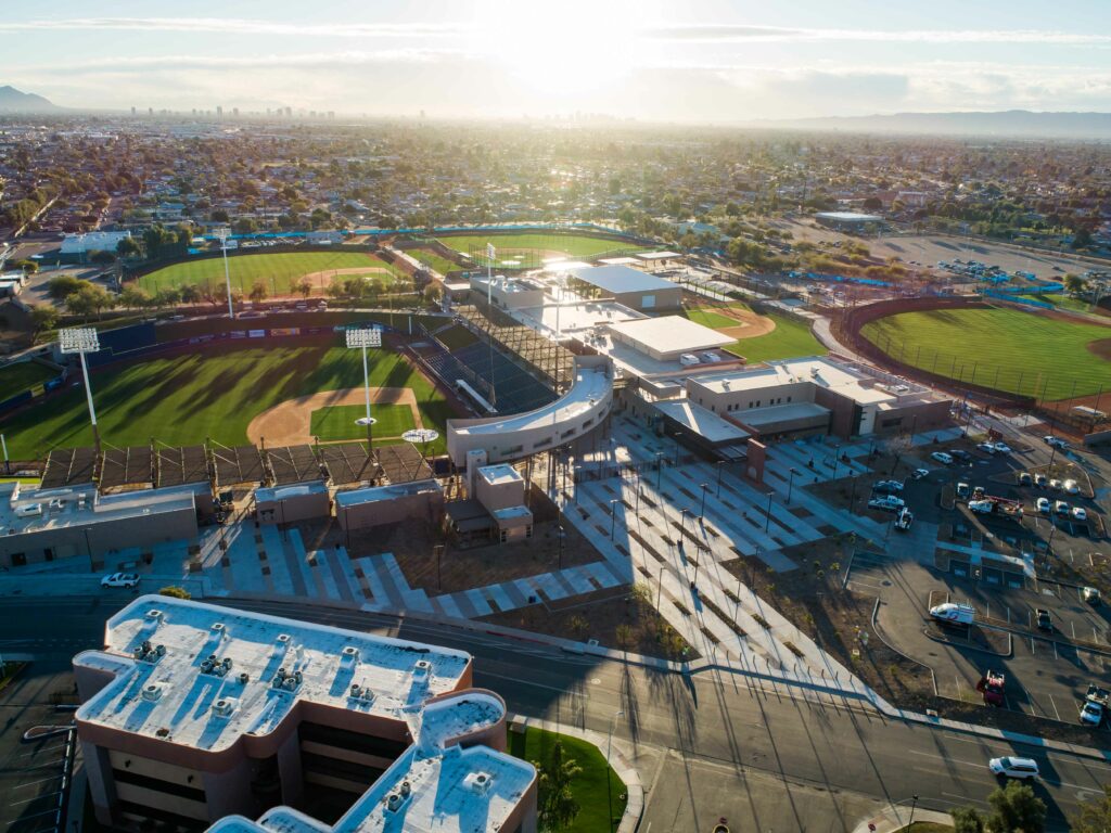 An aerial view of a baseball field and stadium for project purposes.