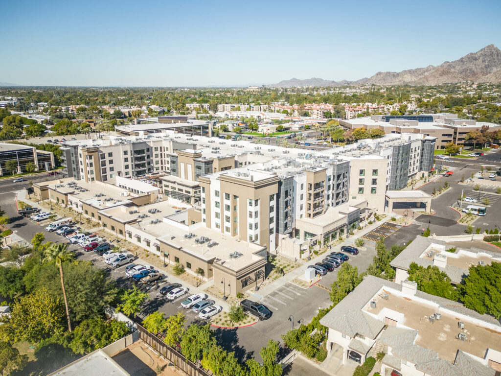 An aerial view of the Clarendale Arcadia apartment complex in Scottsdale, Arizona.