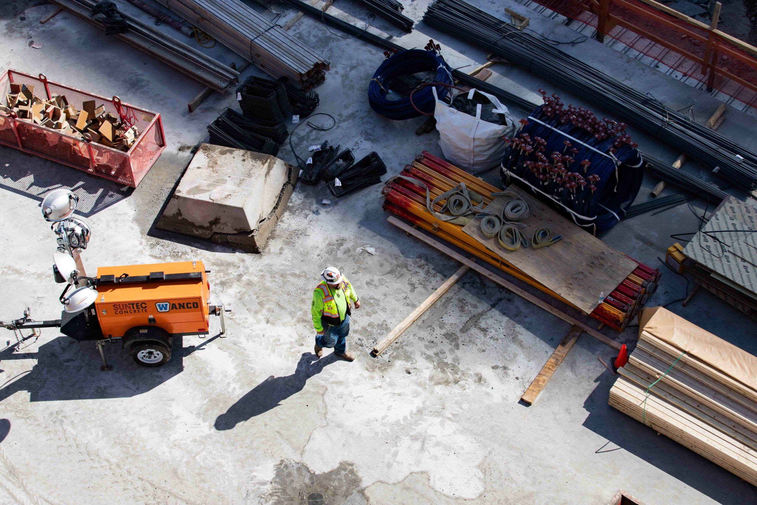 Aerial view of construction workers on a construction site.